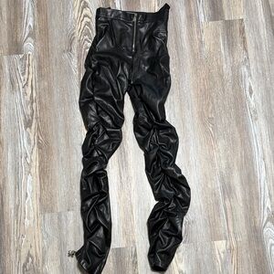 Maniere De Voir : TACKED VEGAN LEATHER FLARED TROUSERS - BLACK